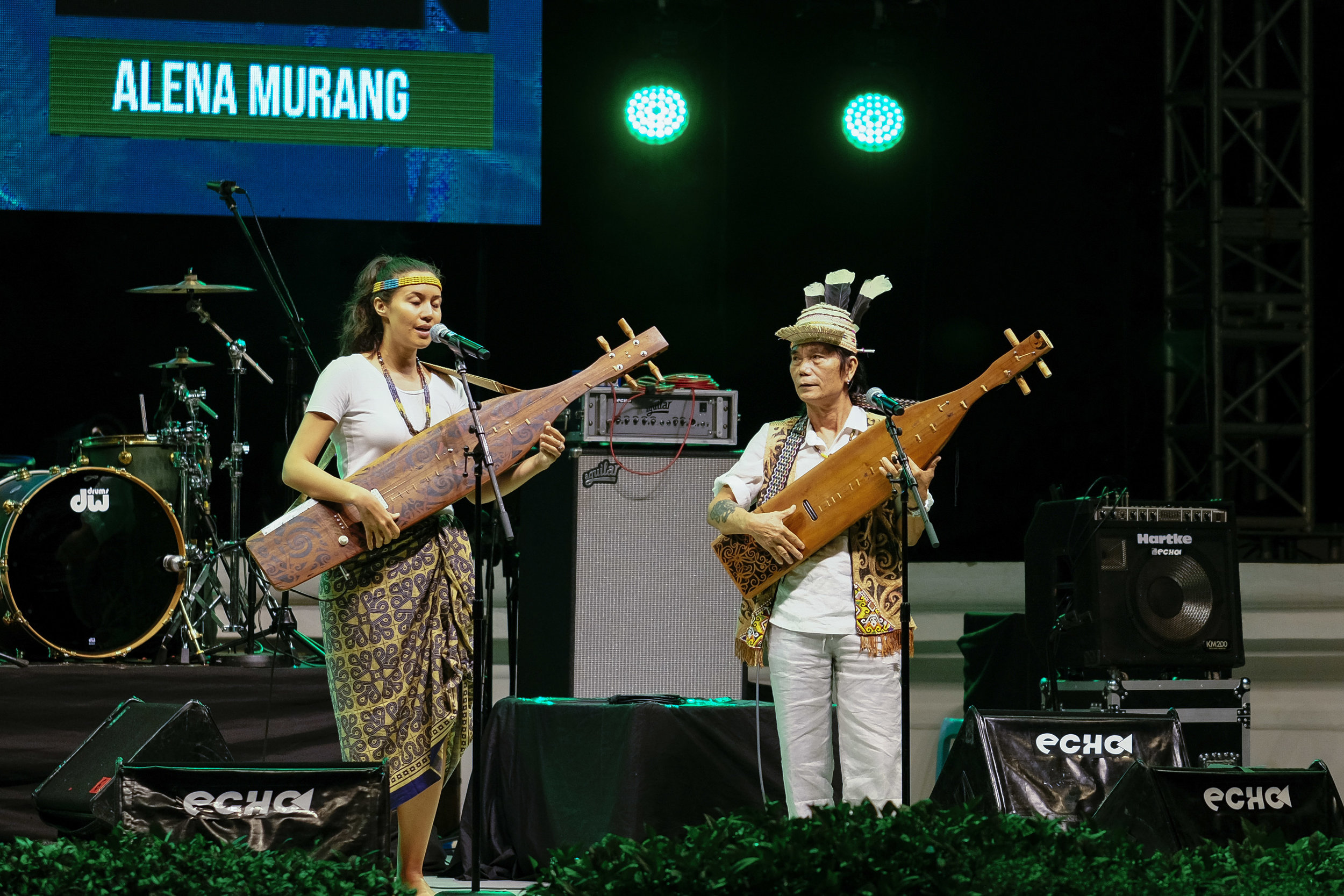 Alena Murang performs alongside veteran musician, Mathew Ngau, at Sada Kamek: Music of Sarawak, 08 July 2017, Kuching Amphitheatre. Photo: Marc Nair