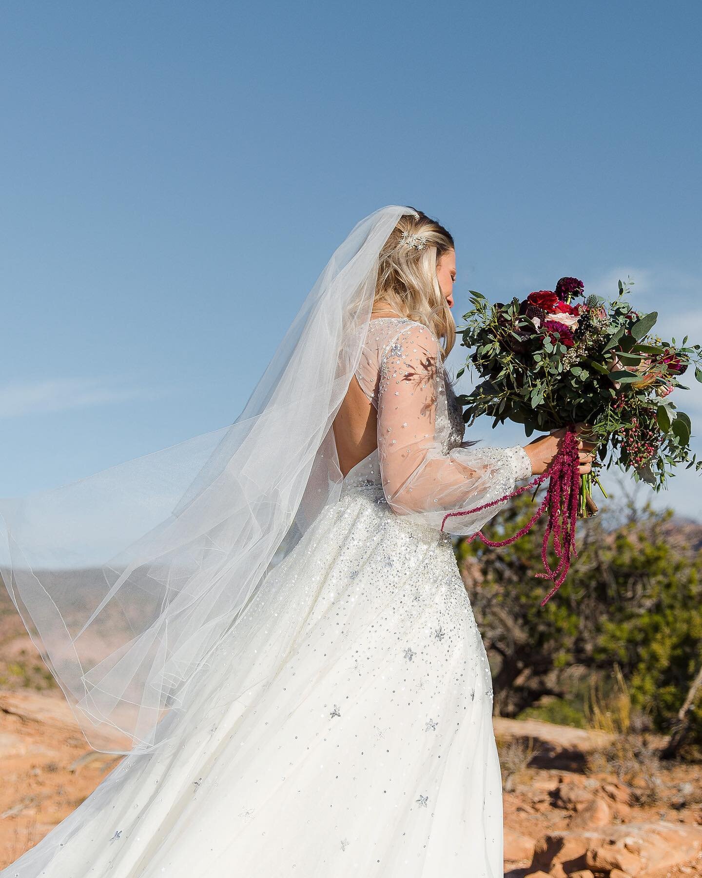 You know it&rsquo;s going to be a memorable day when the only way to the ceremony site is an off-road excursion through the La Sal Mountains of Moab. 🏜🥂And look at those little stars on her dress! 🥹

Coordinator: @wedding_moab 
Venue: Whispering O