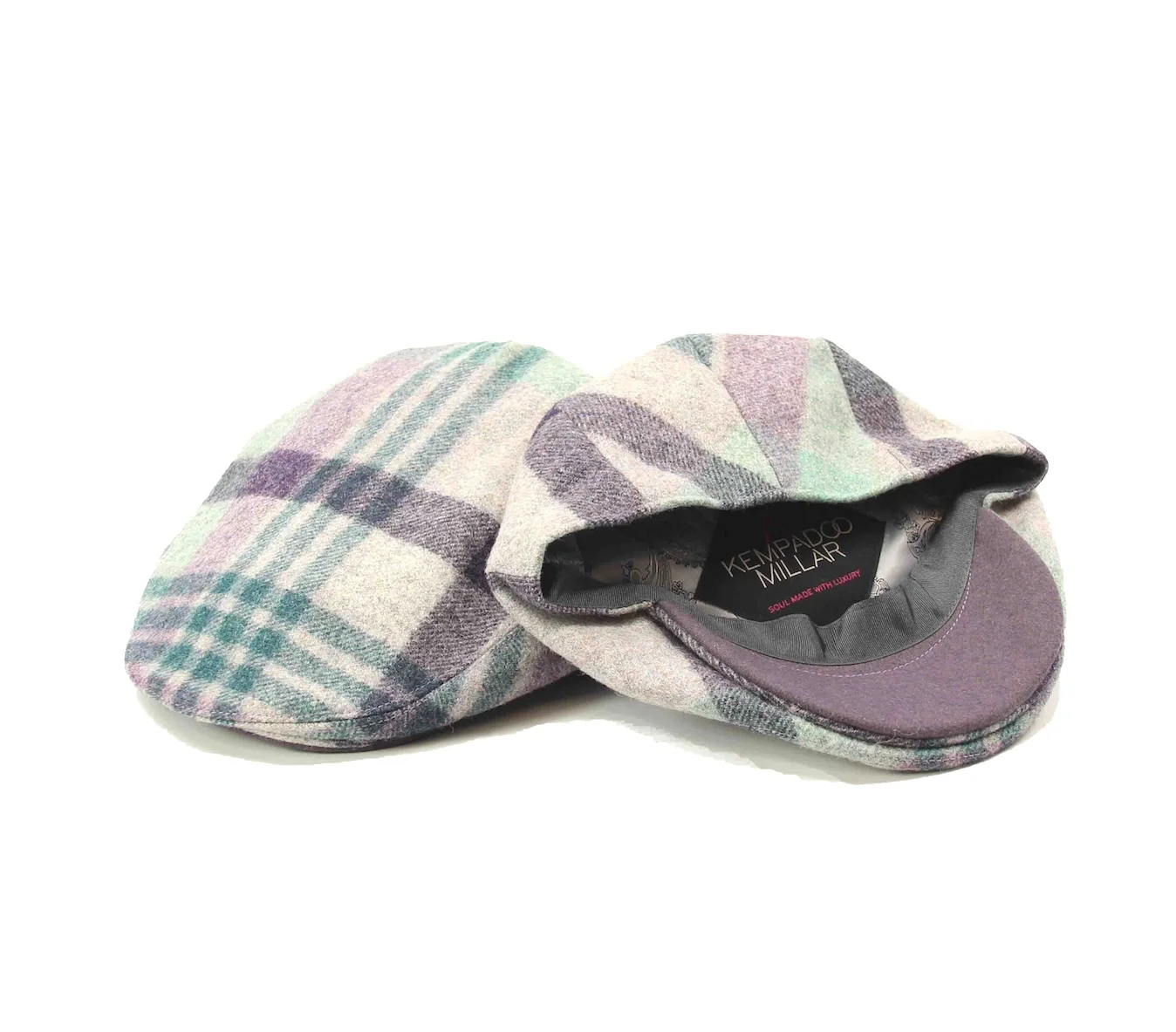 dales check purple green tweed check flat cap kempadoo millar british headwear yorkshire luxury