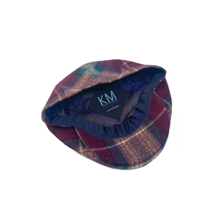 luxury tweed wool mens hats womens unisex mulberry sloe check tweed yorkshire wool kempadoo millar km headwear hat flat cap made in britain