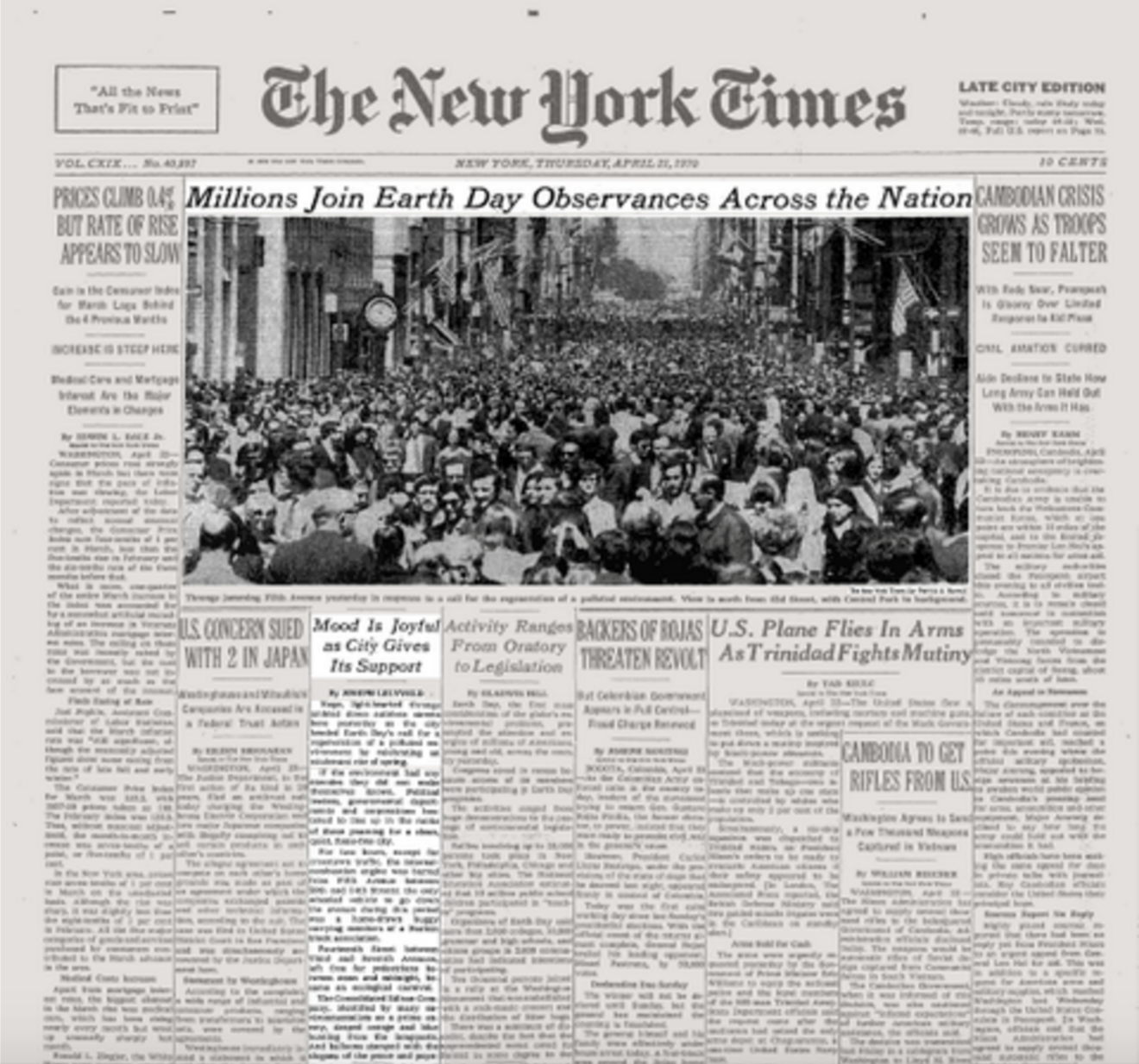 First celebrated Earth day - New York, 22 April 1970 We only have one earth, so we need to take care of her. That's what Senator Nelson believed. He was disturbed that an issue as important as our environment was not addressed in politics or by the media, so he created the first Earth Day, on April 22, 1970. An estimated 20 million people nationwide attended festivities that day. It was a truly astonishing grassroots explosion and it was also the year Simon and Garfunkel released "Bridge over Troubled Water" composed by Paul Simon, it was the last song recorded for their fifth and final album ... vocals in New York and instrumentals recorded in California.