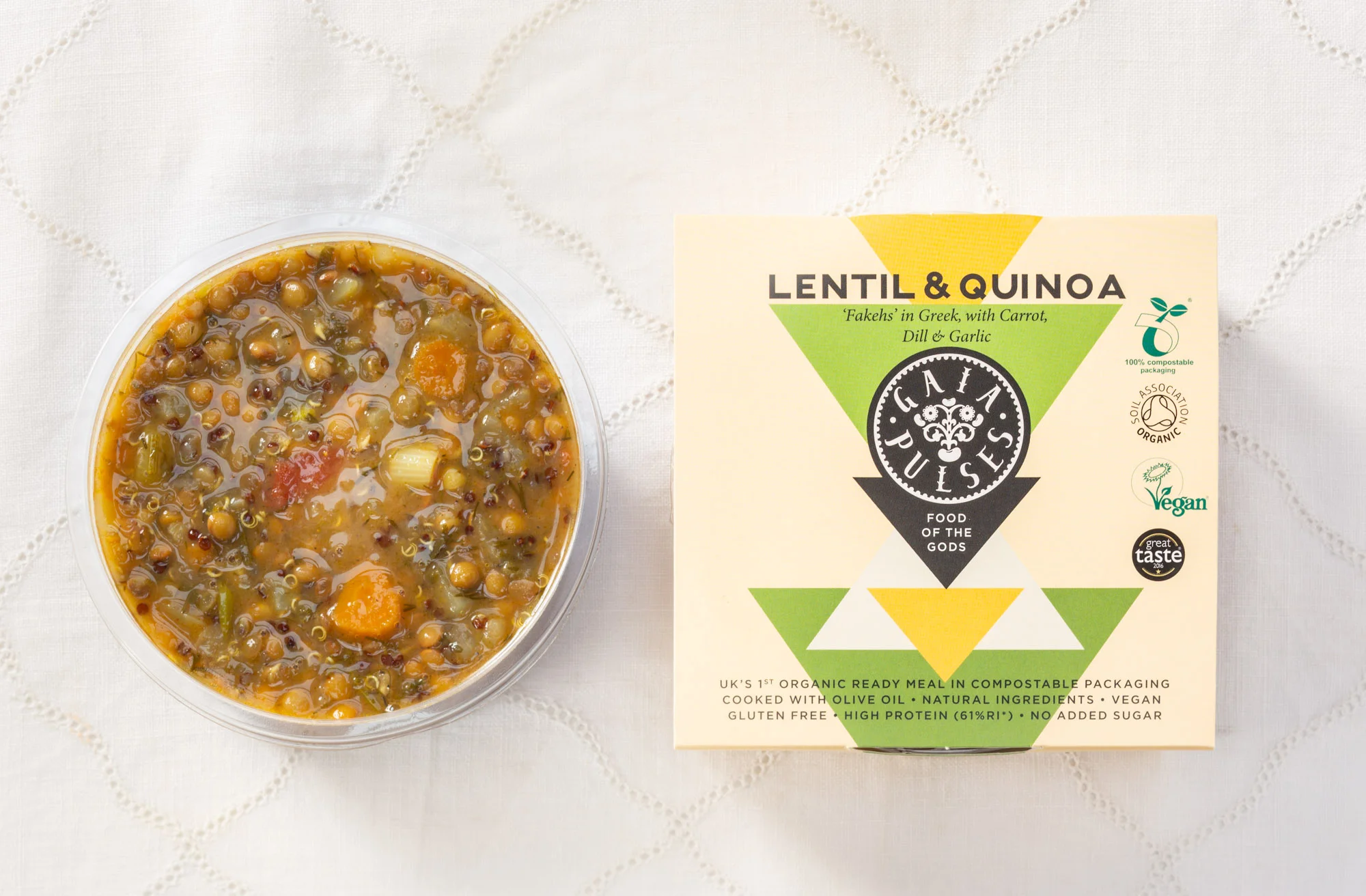 Inspired by 'Fakehs', a typical Greek Lentil stew. The Gaia version is enriched with sprouted Red Quinoa for added protein - Apple Cider Vinegar, Garlic, Extra Virgin Olive Oil, Spring onion, Wild Thyme, Oregano, Turmeric and Dill. This dish is full of Iron, Magnesium, Vitamin C, Protein, Fibre and Antioxidants.