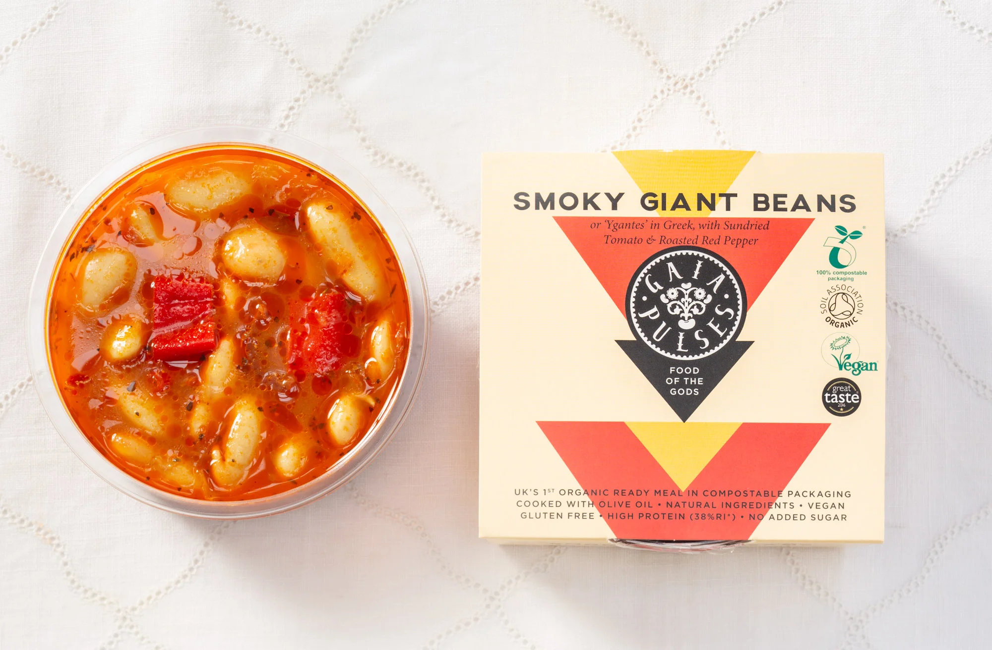 Inspired by 'Gigantes,' a renowned dish from the North of Greece. Gigantes is made with the large Butter Beans that grow in the area - smoked Red Pepper, Sun-dried Tomato, Extra Virgin Olive Oil, Garlic and an array of Mediterranean Spices. High on Protein, Folate, B Vitamins and Fibre.