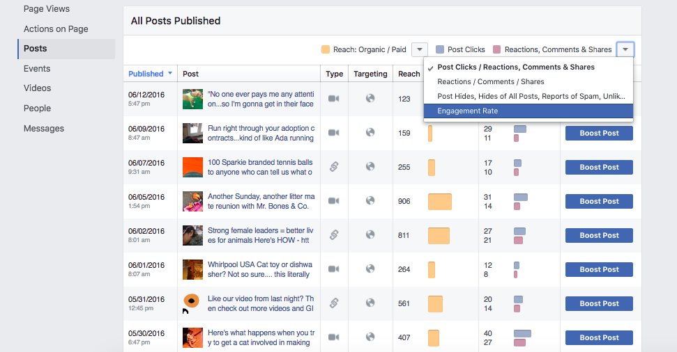 Once you get to the insights section, click on the posts part on the left hand side...then go over to the right and click the little down arrow, and change the view to engagement rate.