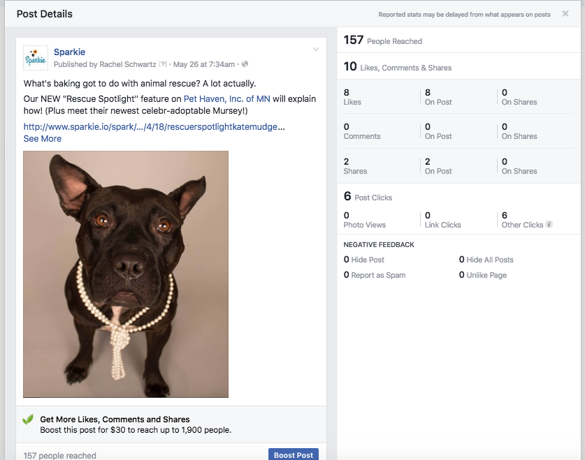 OF THE 157 PEOPLE REACHED, 10 OF THEM ENGAGED WITH THE POST (LIKED IT, SHARED IT, ETC) WHICH IS ABOUT 6%...NOT TOO BAD