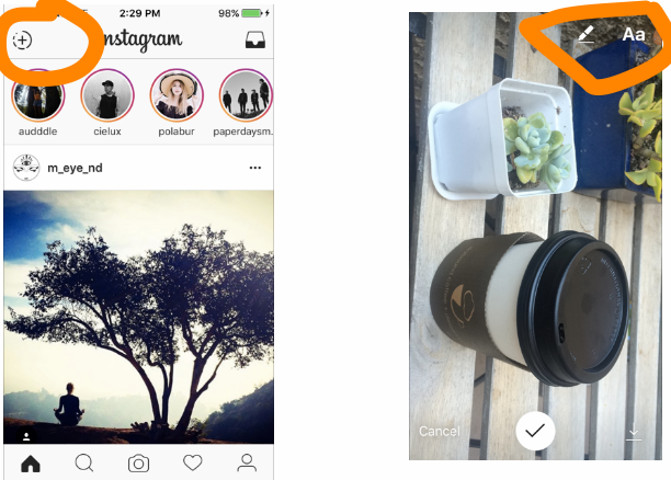 select the dotted circle with the + icon to start a story. take a picture by picking your subject matter and hitting the white circle on the bottom. once you do this you can choose to add text or draw on the image. when done just hit the check mark to add it to your story! 