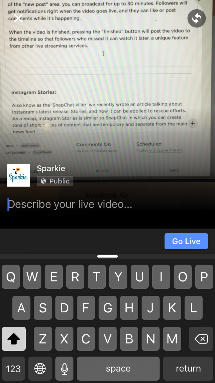 after you click the 'live stream' icon you will be prompted to title your stream so followers will know what's happening when they see the video pop into their newsfeed. after you are done streaming, just follow the prompts. Followers will get notifications right when the video goes live, and they can like or post comments while it’s happening.
