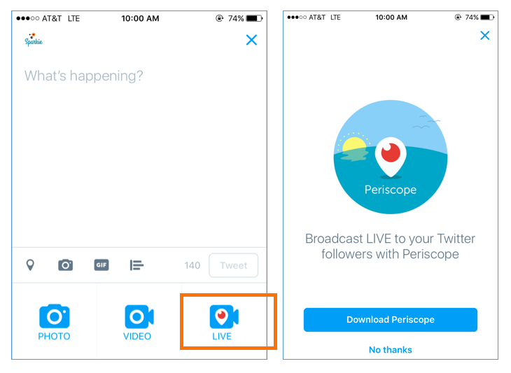 ONCE YOU OPEN THE TWITTER APP ON YOUR PHONE, FIND THE LIVE ICON. IF YOU HAVEN'T ALREADY DOWNLOADED THE PERISCOPE APP, YOU'LL BE PROMPTED TO