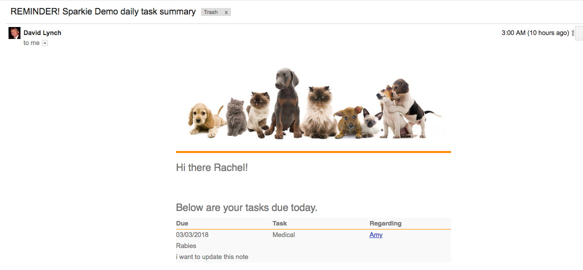 Email notifications shoot task 'to-dos' right out to the person who the task is assigned to! You choose the timing of the notifications and, when someone receives the notification he or she can just reply to the note to ask questions and/or mark the task done!