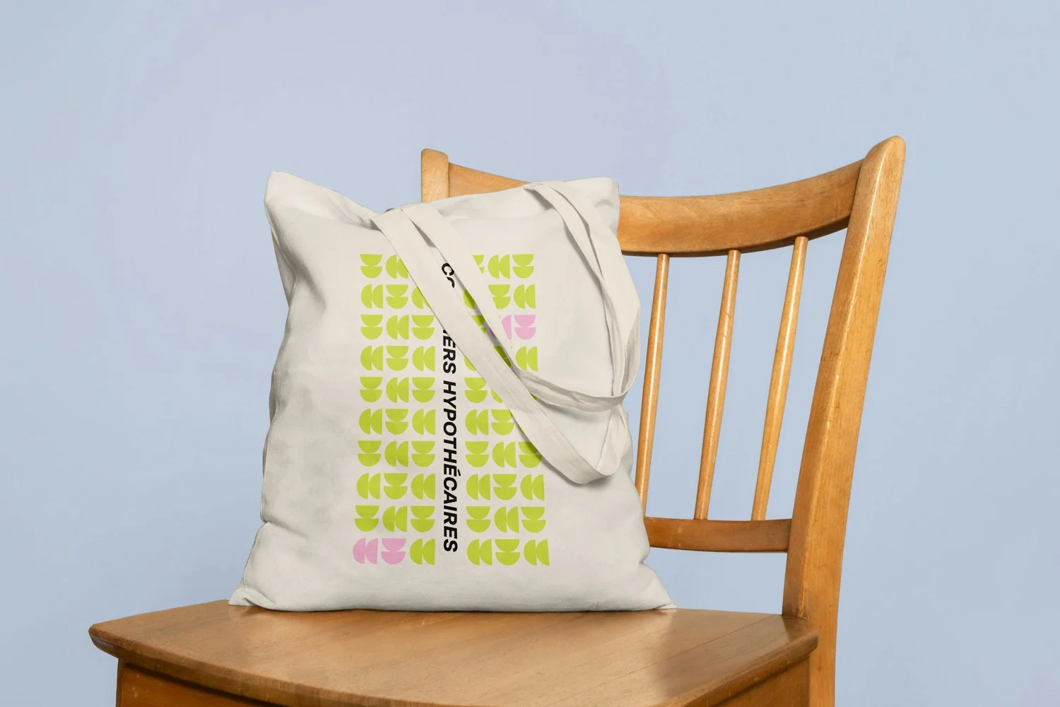 Tote bag on a chair with screen print design