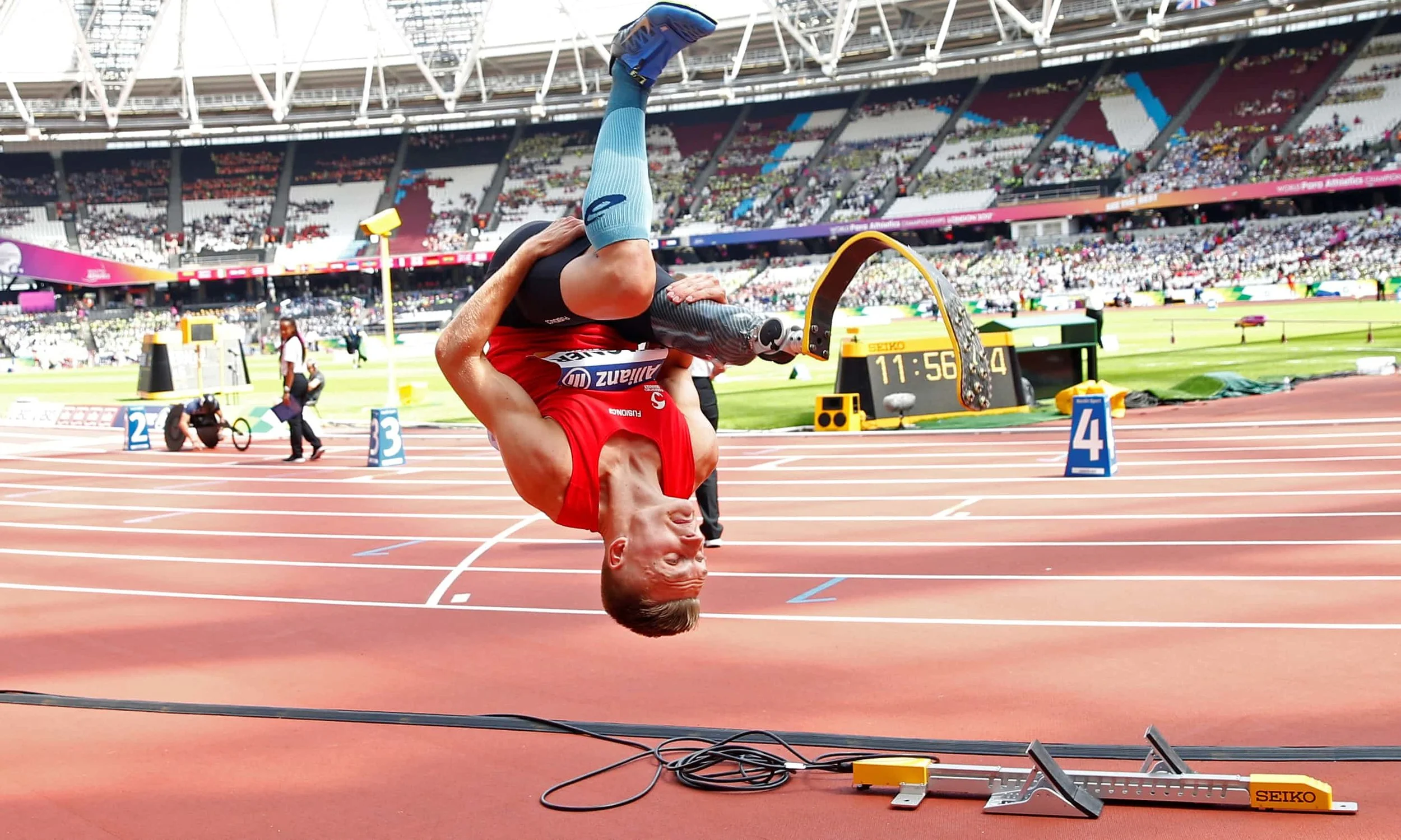 London, England Denmark’s Daniel Wagner celebrates winning the men’s T42 long jump at the IAAF World Para Athletics Championships Photograph: Peter Cziborra/Action Images via Reuters