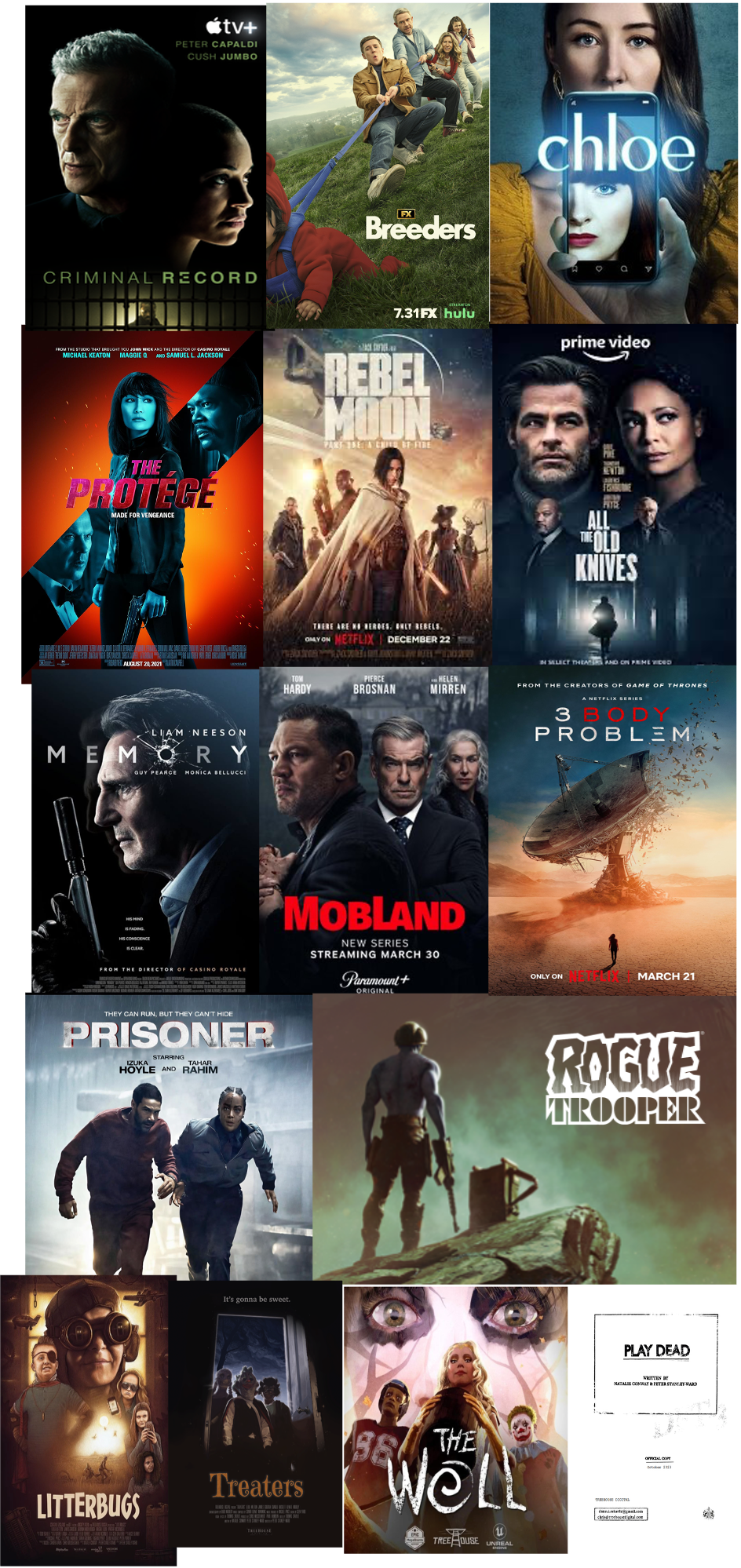 Collage of movie posters including 'Criminal Record,' 'Breeders,' 'Chloe,' 'The Protégé,' 'Rebel Moon,' 'All the Old Knives,' 'Memory,' 'Mobland,' '3 Body Problem,' 'Prisoner,' 'Rogue Trooper,' 'Litterbugs,' 'Treaters,' and 'The Wolf.'