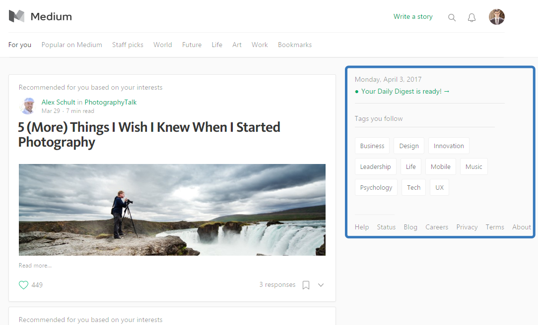 Medium placing a sub-navigation in their sidebar.