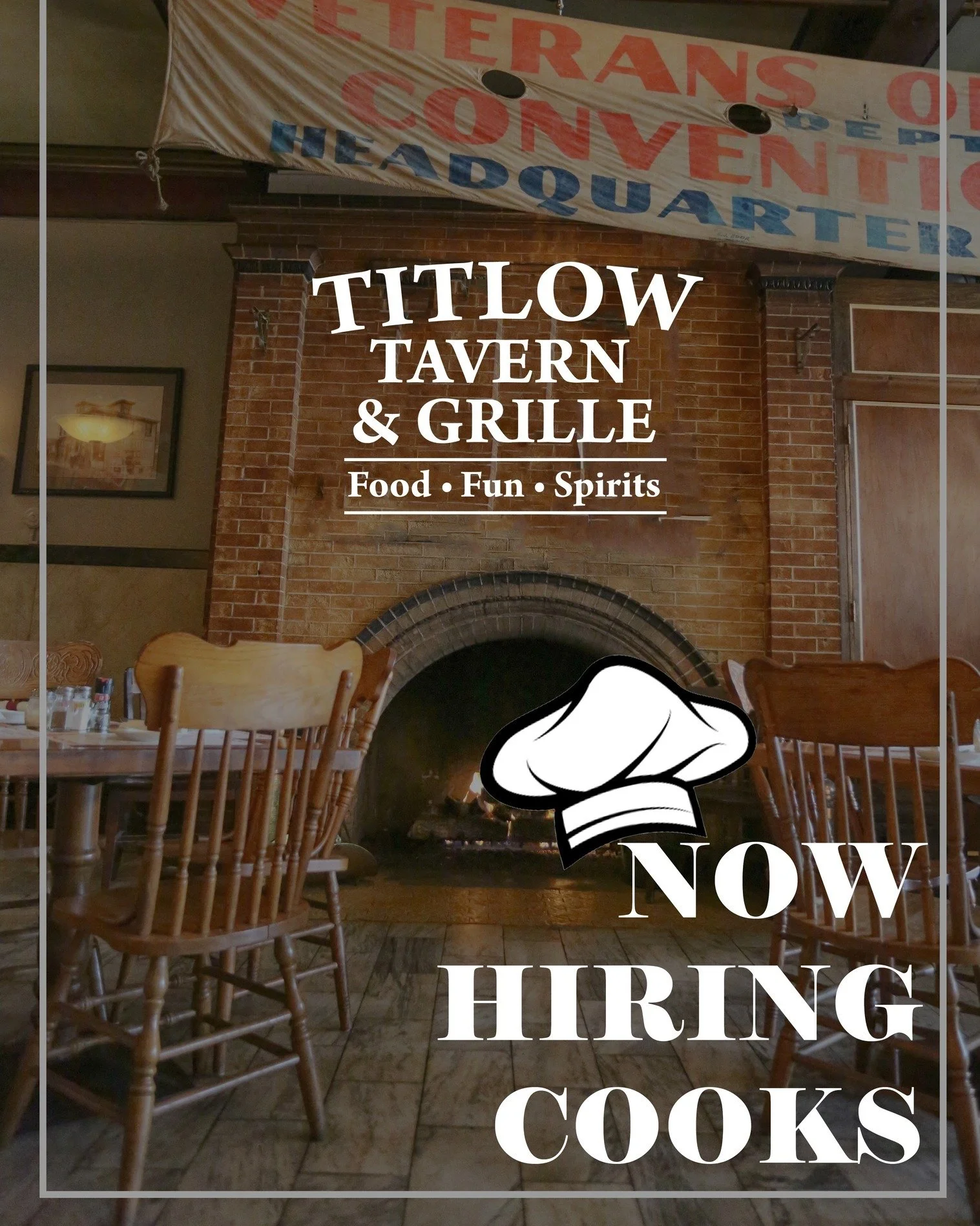 We are now hiring cooks! $15-$17 an hour depending on experience. Sunday's and Monday's off, 401K plan! Email us today at: Titlowtavern@verizon.net
