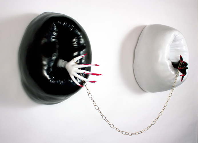 Black, White and Red Brass chain, oil enamel, Poly-fil, vinyl 37 "H x 63"W x 22"D 2016