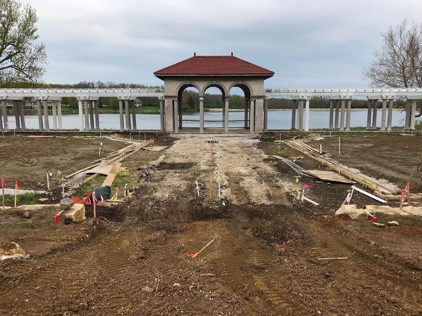 Site progress on a gray day. Fine grading, drainage, formwork, and staking all happening.
#construction #progress #historic #pergola #lake #farm #garden #restoration