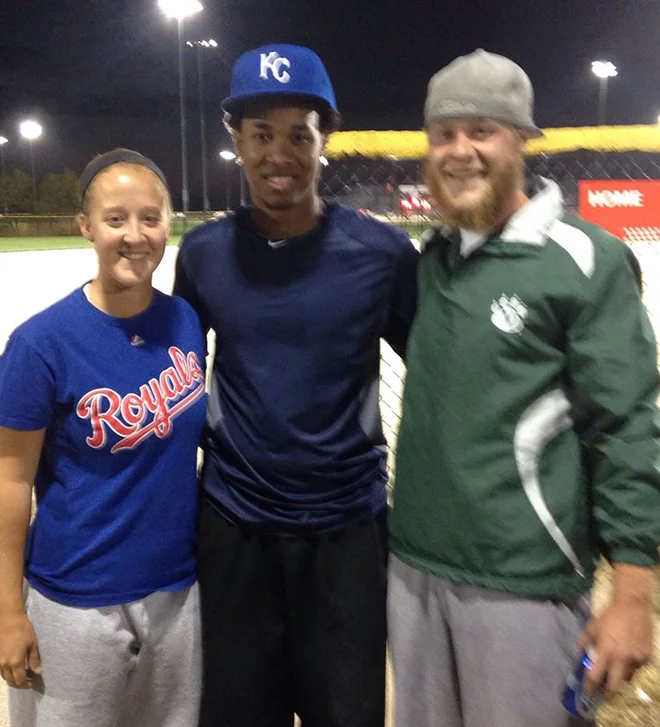 Contributed photo Taylor Hill, left, and her twin brother Tyler Hill, right, pose for a picture with Kansas City Royals pitcher Yordano Ventura whomade a surprise appearance Friday, Oct. 30 at Tiffany Springs Softball in Kansas City, Mo. He played in two slow-pitch softball games and interacted with fans just two days after Kansas City lost the World Series in Game 7 to the San Francisco Giants.