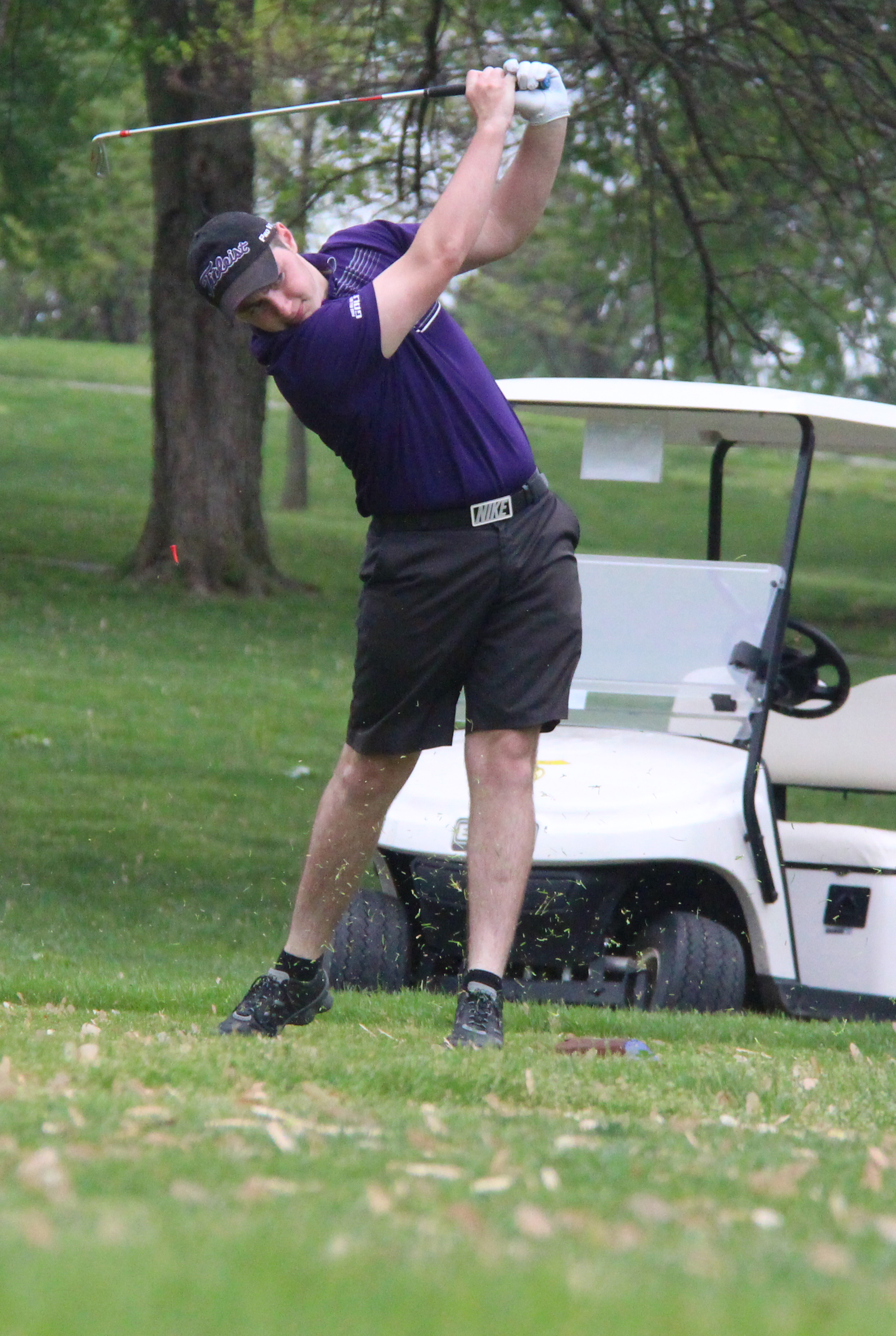 ROSS MARTIN/Citizen photo Park Hill South senior Tanner Owen his a tee shot during the Suburban conference Red Division Championships held Monday, April 25 at Moila Country Club in St. Joseph, Mo. 
