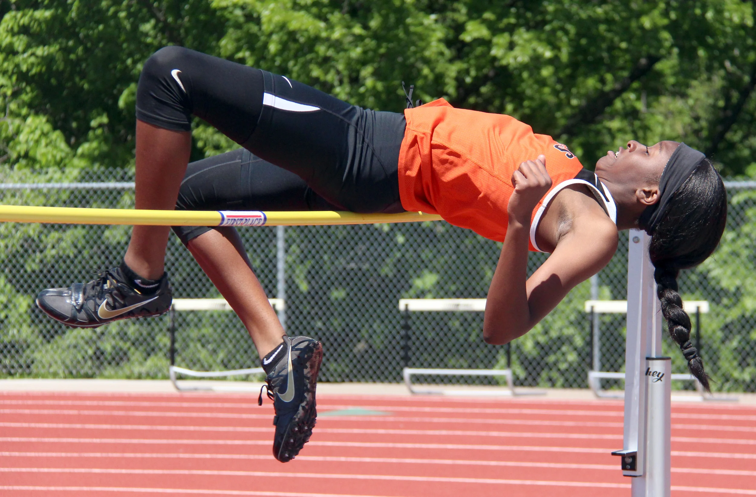ROSS MARTIN/Citizen photo Platte County sophomore Tianna Daniel-Dalton takes an attempt in the high jump during the Class 4 District 8 meet Saturday, May 14 at Excelsior Springs High School in Excelsior Springs, Mo.