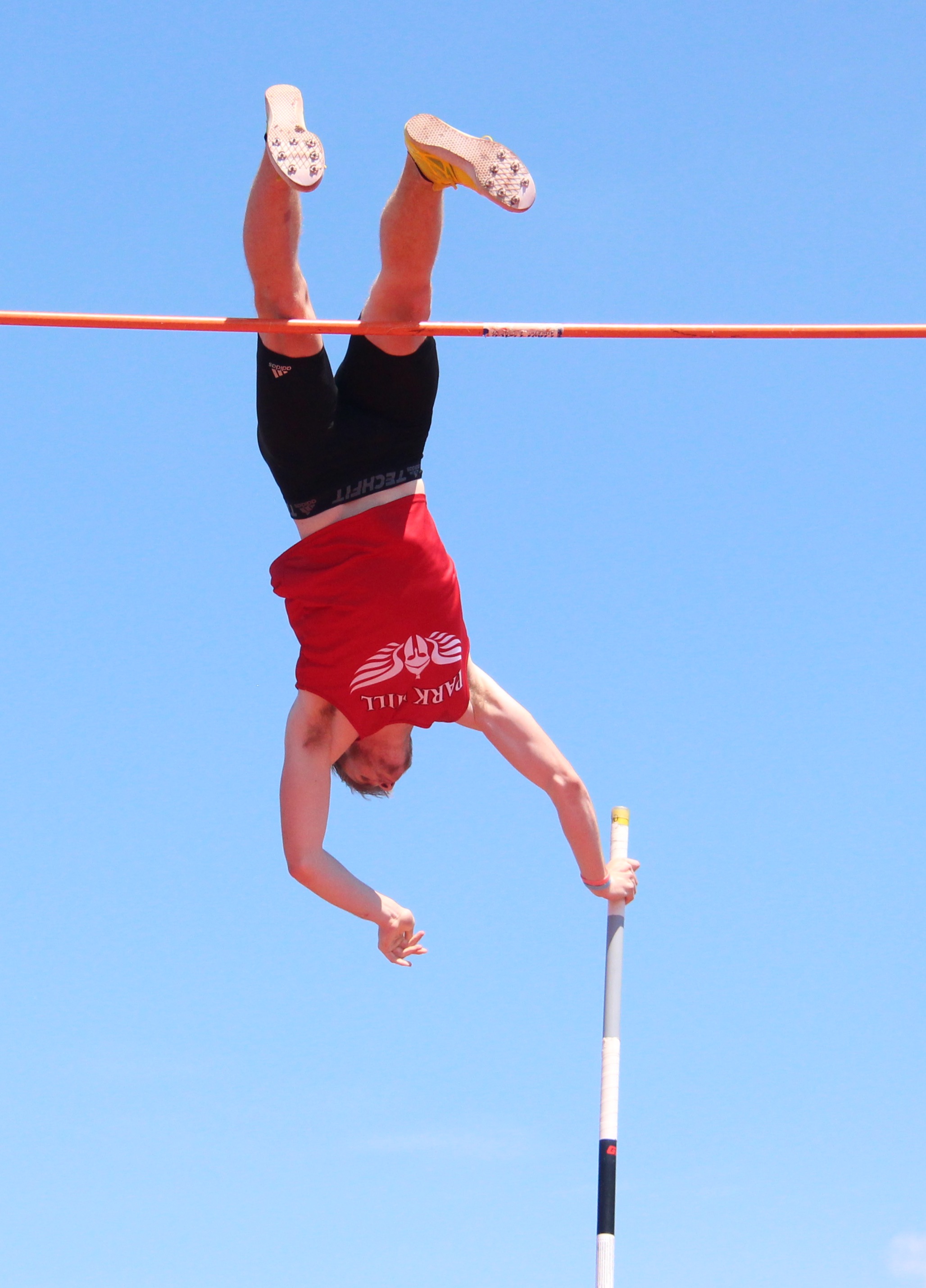 ROSS MARTIN/Citizen photo Park Hill senior Chris Nilsen clears 18 feet, 4 3/4 inches in the Class 5 Sectional 4 pole vault competition Saturday, May 21 at North Kansas City District Activities Complex in Kansas City, Mo. The vault set a new national high school record.