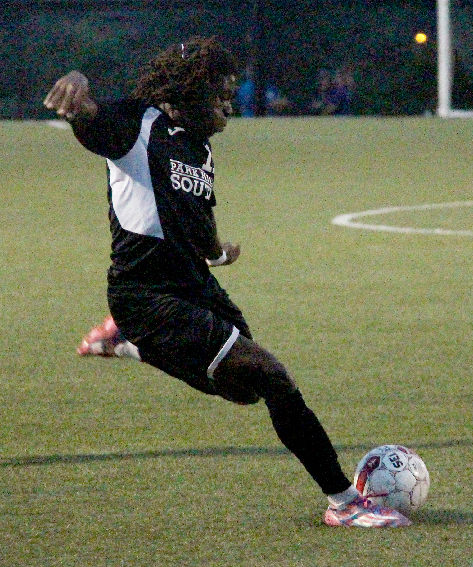 ROSS MARTIN/Citizen photo Park Hill South senior Nylo Clarke prepares to hit a left-footed shot in the first half against Park Hill on Thursday, Sept. 8 at Park Hill District Soccer Complex in Riverside, Mo.