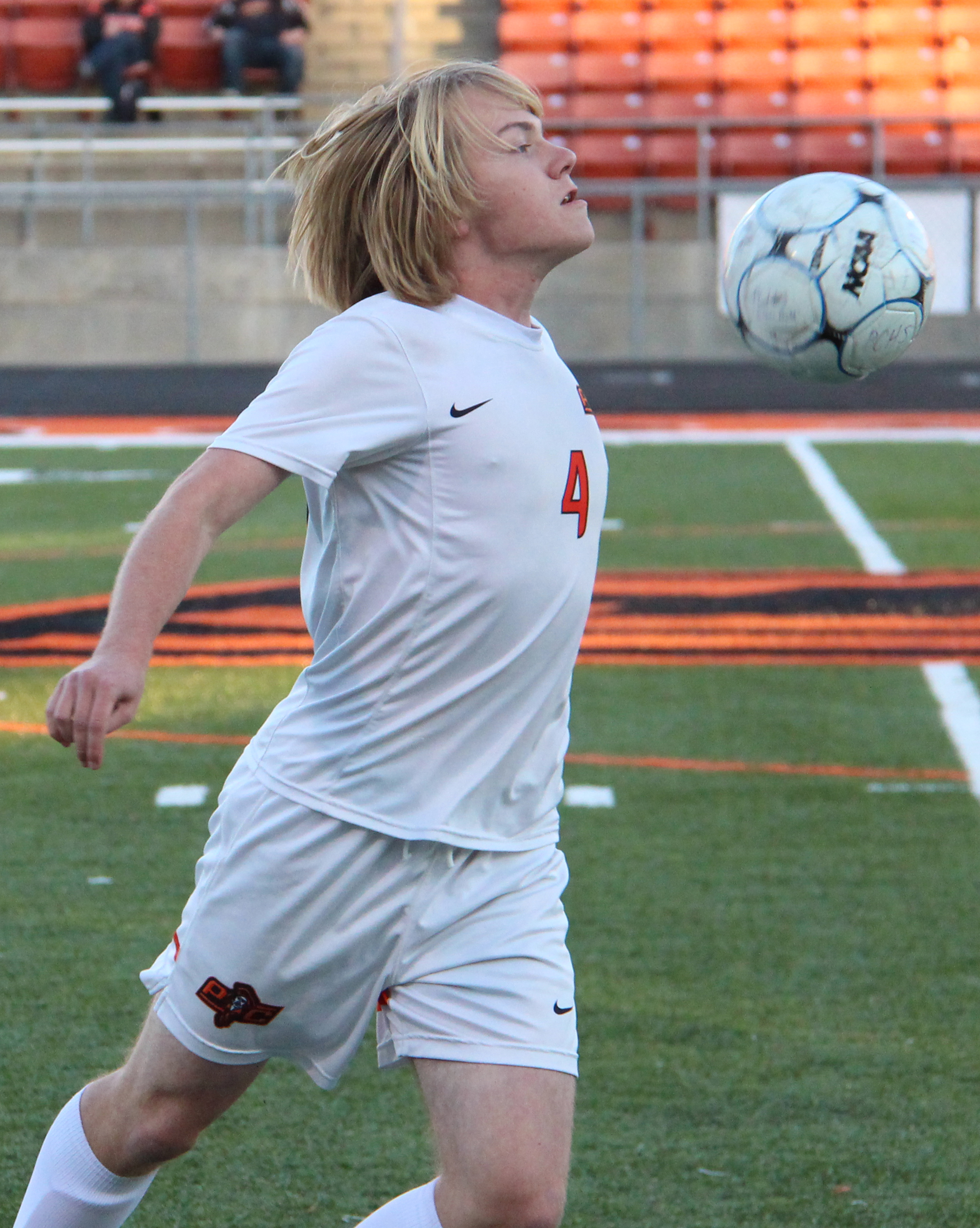 ROSS MARTIN/Citizen photo Platte County senior Chandler Brownsberger chests down a pass in the second half against St. Joseph Lafayette on Monday, Oct. 24 at Pirate Stadium.