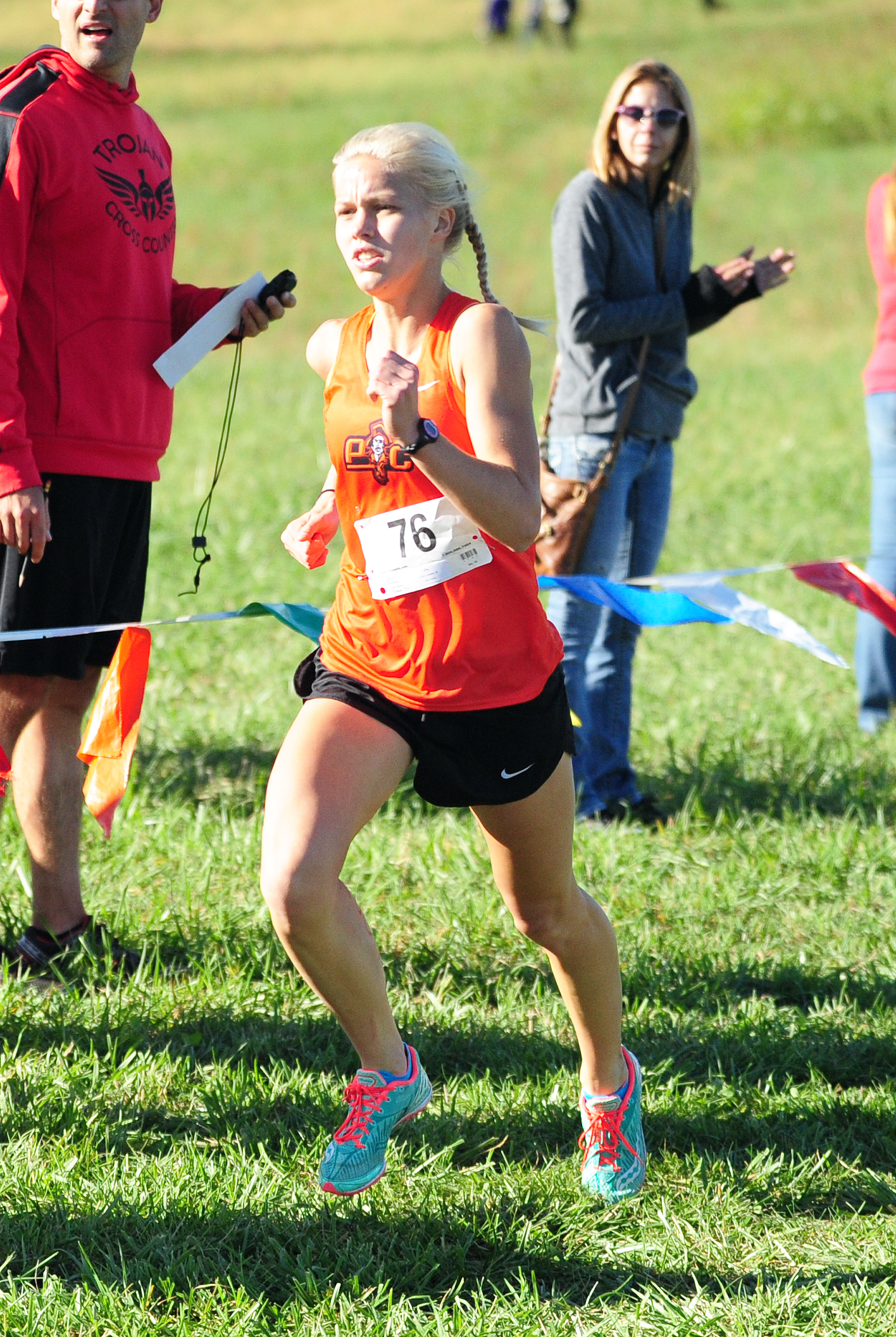 NICK INGRAM/Citizen photo Platte County junior Rebekah Geddes approaches the finish line on her way to winning the Class 4 District 8 race Saturday, Oct. 22 at Platte Ridge Park just outside of Platte City. The Pirates finished fourth as a team.