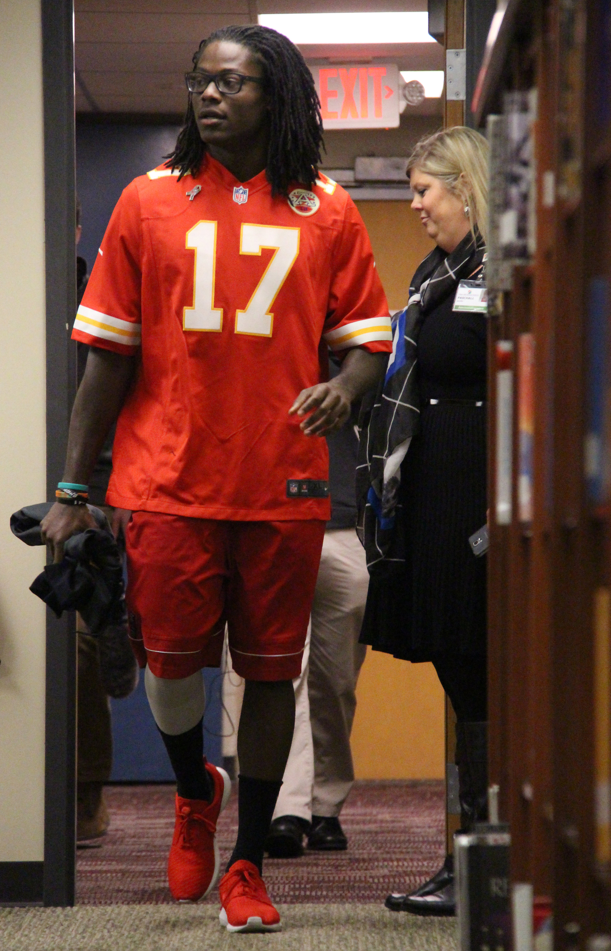 ROSS MARTIN/Citizen photo Kansas City Chiefs wide receiver Chris Conley enters the media center at Plaza Middle School on Monday, Nov. 7 in Kansas City, Mo.