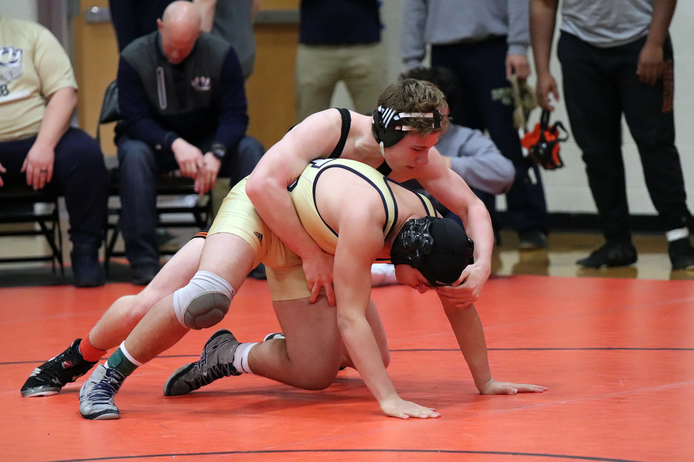 CODY THORN/Citizen photo Platte County’s Drake Lacina, left, wrestles William Chrisman’s Andru Campos during a 182-pound match on Friday, Jan. 18 at the Platte County Invitational. Lacina took fifth place for the Pirates.