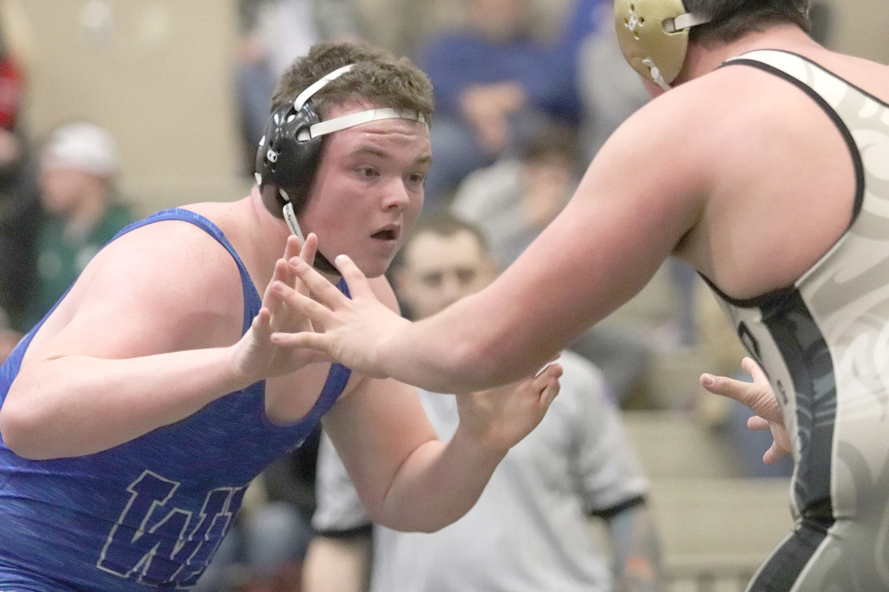 DENNIS SHARKEY/MOUND CITY NEWS West Platte’s Thomas Tharp, left, took third place in the 285-pound class at the Class 1 District 4 meet held on Saturday, Feb. 9 in Lathrop.
