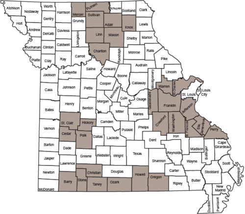 MDC has a CWD Management Zone of counties in or near where CWD has been found. The 29 counties of the CWD Management Zone for this season are shaded on the map.