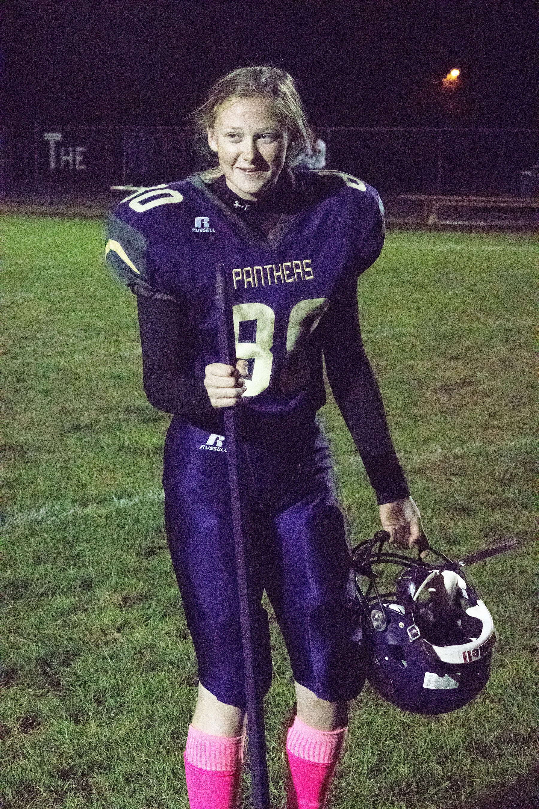 DREW AGGUS/Special to the Citizen North Platte kicker Alexis Stewart holds the Tobacco Stick after North Platte posted a victory over West Platte on Friday, Oct. 4 in Dearborn. She kicked off twice in the contest.