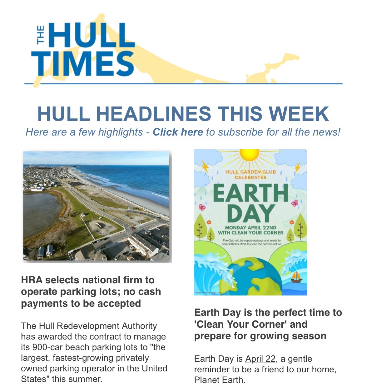 Need a quick read to stay in the know? Our FREE newsletter is packed with local news and links to details and data. Click this link to sign up for The Hull Times newsletter -- you can also get news from our sister publication, the South Shore Senior 