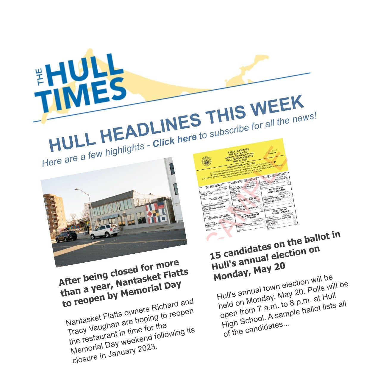 Need a quick read to stay in the know? Give us five minutes to bring you up to date, with links to read even more. Click this link to sign up for The Hull Times free newsletter -- you can also get news from our sister publication, the South Shore Sen