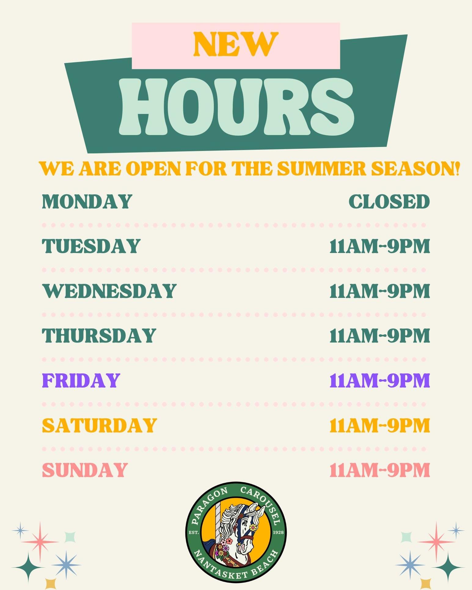 New hours for the @paragoncarousel as the season gets under way! #hullma #hullmanews #nantasket #MALocalNews #southshorenews #hulltimes