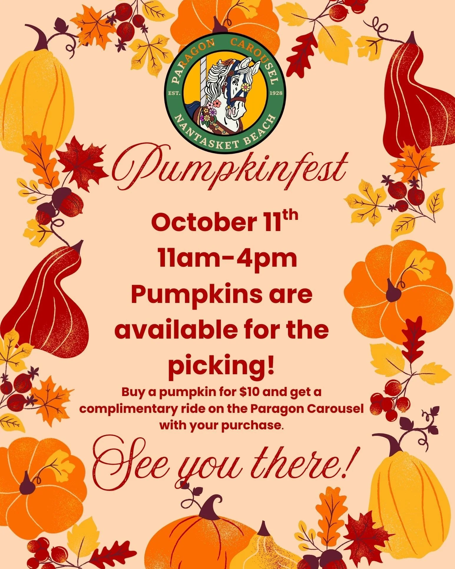 Get ready for Pumpkinfest at the @paragoncarousel from 11-4 on October 11.

 #hullma #hullmanews #nantasket #MALocalNews #hulltimes #southshorenews