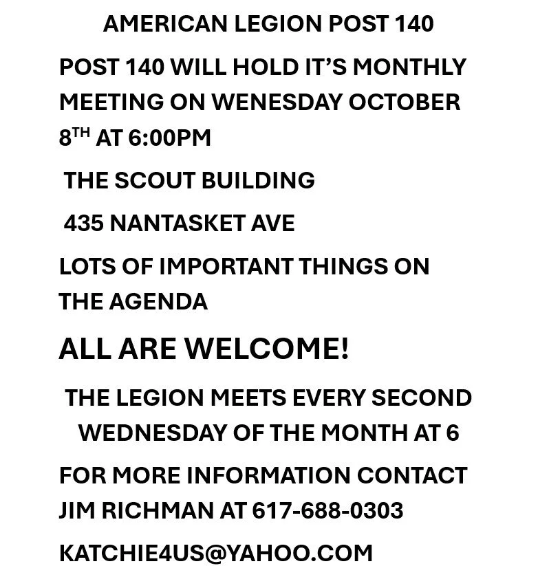 News from American Legion Post 140&hellip;

#hullma #hullmanews #nantasket #MALocalNews #hulltimes #southshorenews