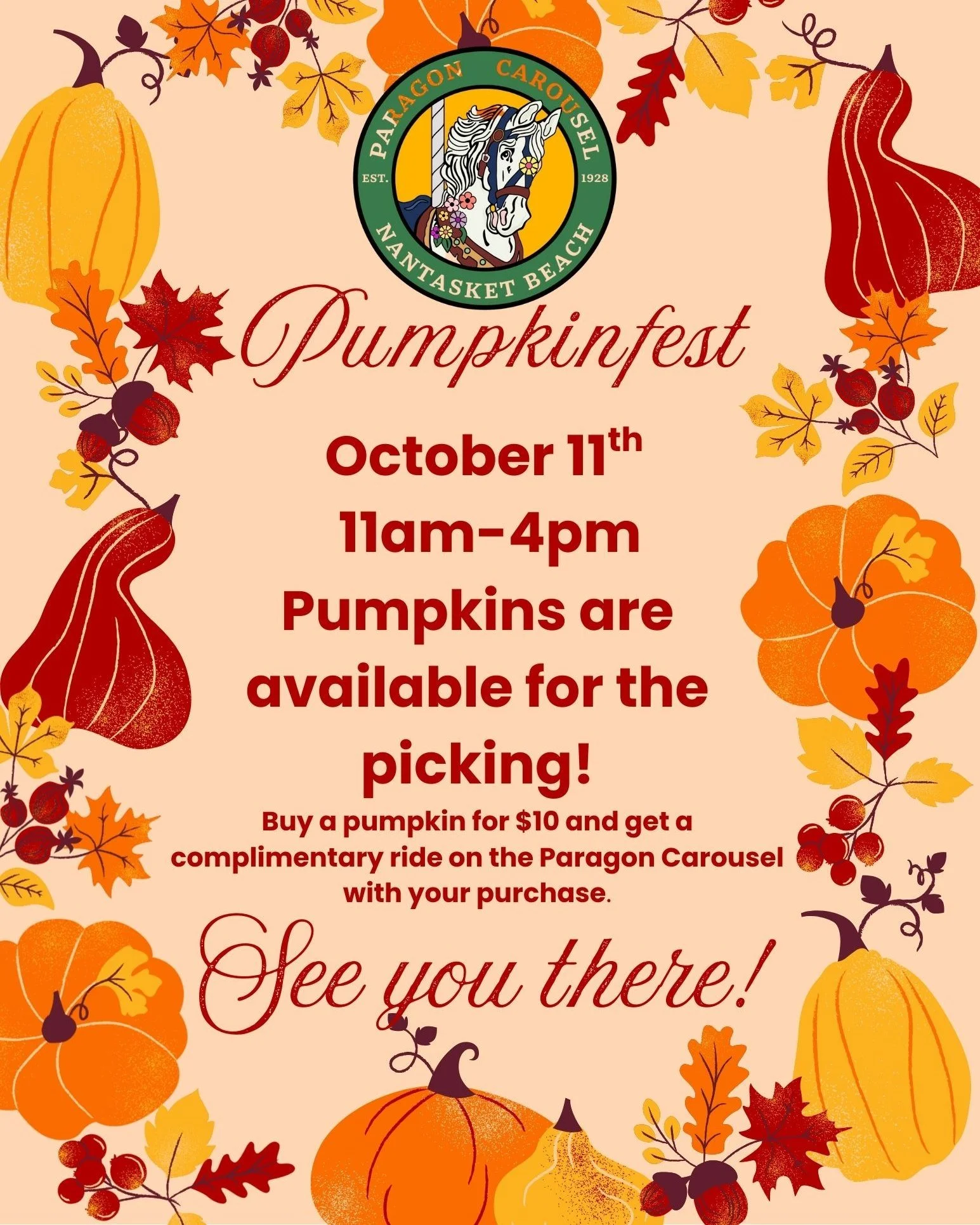 Pumpkinfest is Saturday, October 11 from 11-4 at the @paragoncarousel. See you there!

 #hullma #hullmanews #nantasket #MALocalNews #hulltimes #southshorenews
