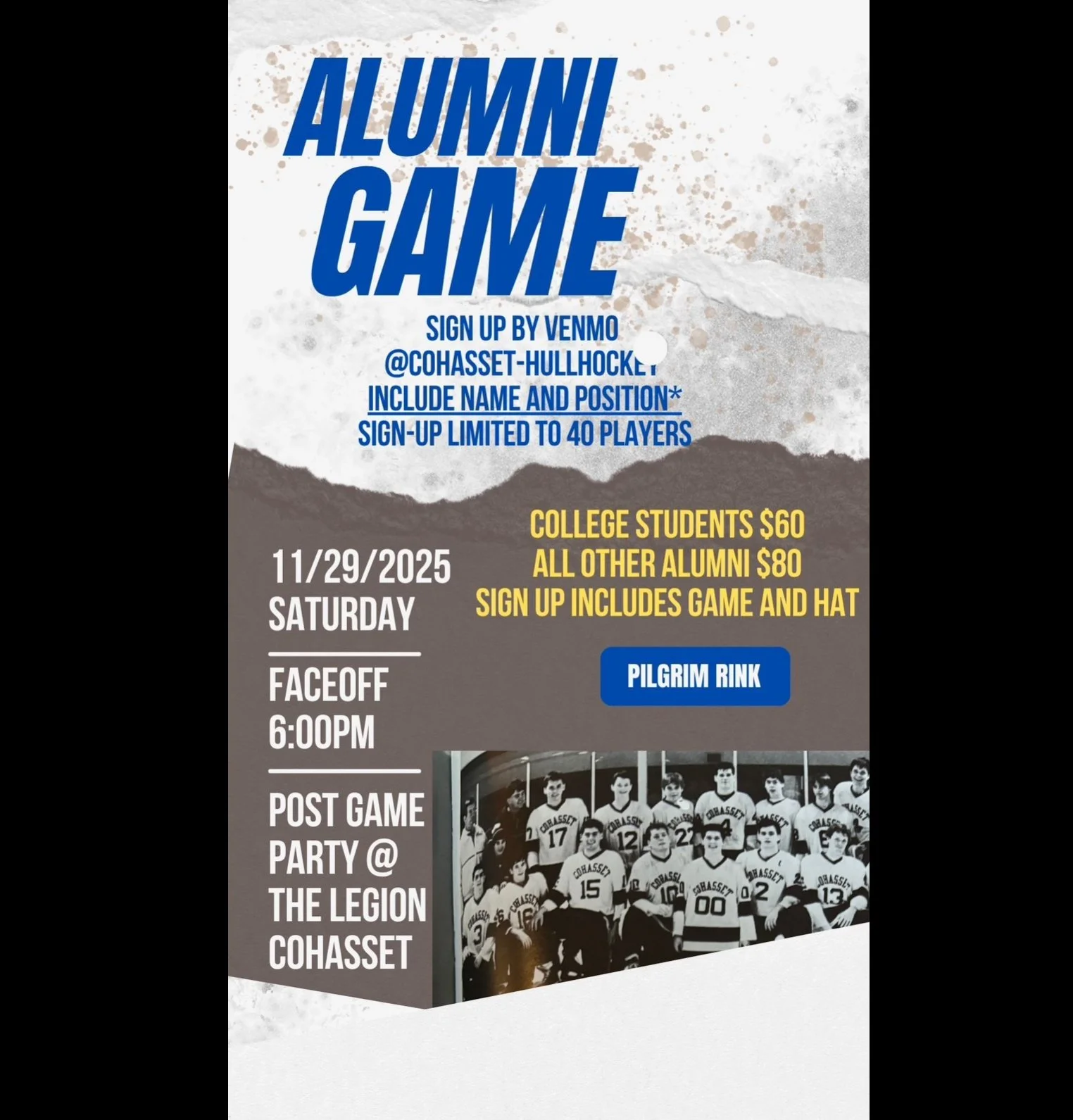 Attention former Hull High hockey players - Lace up your skates for the alumni game on Thanksgiving weekend!

 #hullma #hullmanews #nantasket #MALocalNews #hulltimes #southshorenews