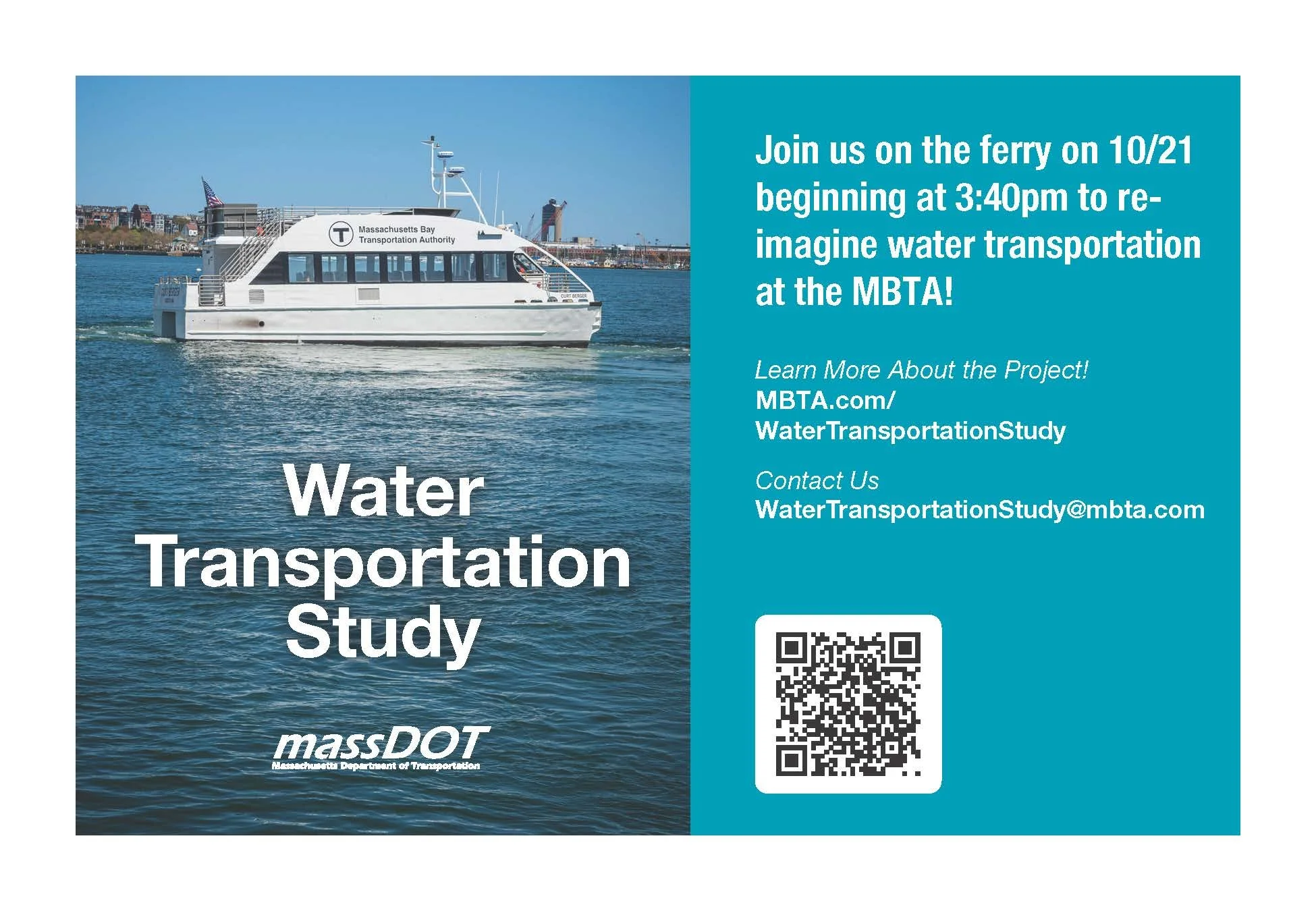 The MBTA wants to hear from you about water transportation.Join the MBTA on the ferry, on Tuesday, October 21, beginning at 3:40 p.m. To learn more about the project visit www.mbta.com/projects/water-transportation-study. If you are unable to be on t