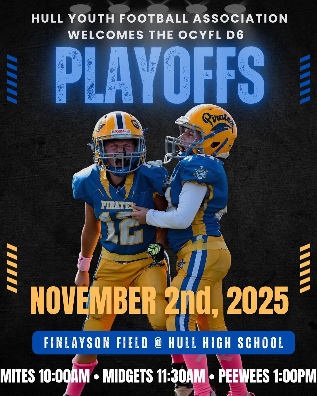 Lots of fun ahead for Hull Youth Football -- teams play at home in the playoffs on Sunday (winners advance to the Super Bowl next week) and the cheer teams are competing on Saturday at Bridgewater-Raynham HS. 💙 💛
 #hullma #hullmanews #MALocalNews