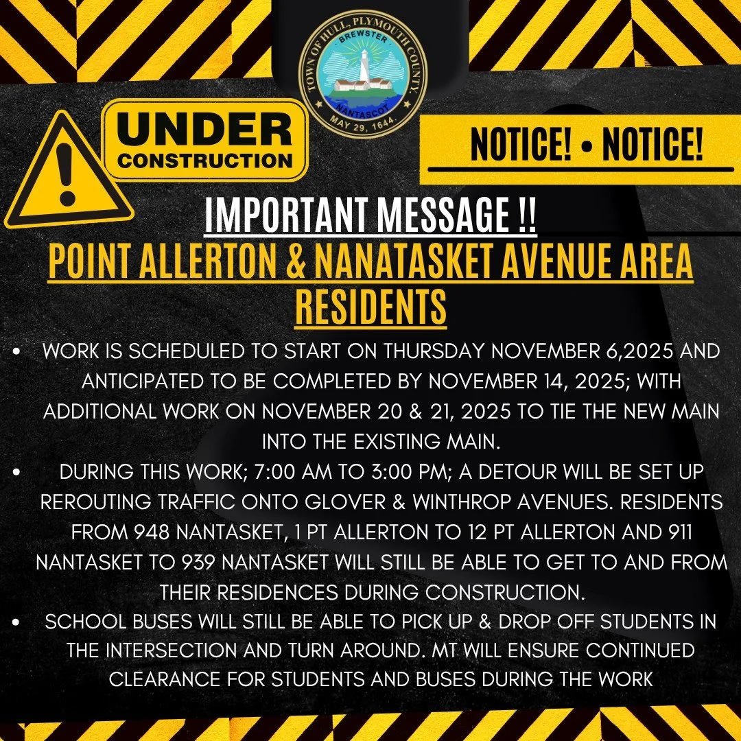 Allerton Area Seawall - Detour Notification from November 6-14.
Manafort Transit will work with the Weir River Water System to install a new water main beginning Thursday, November 6, and should wrap up by November 14, with additional work on Novembe