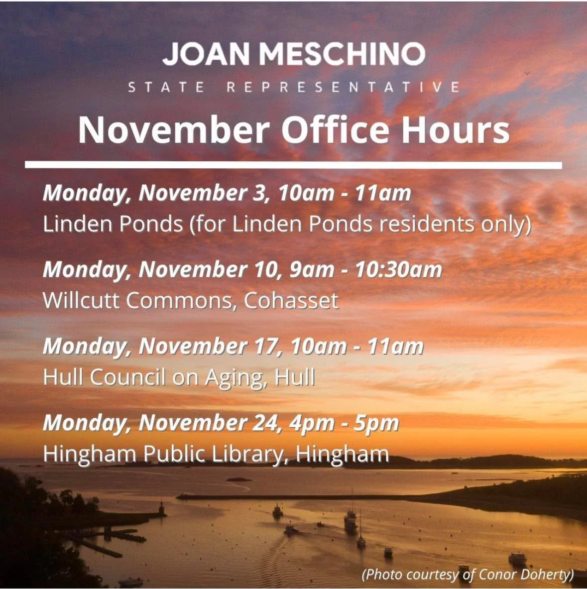 If you are unable to attend one of these sessions, call Rep. Meschino&rsquo;s office to schedule a meeting: 617-722-2092. 

#southshorenews #hullmanews #hulltimes #hullma #nantasket #MAlocalnews