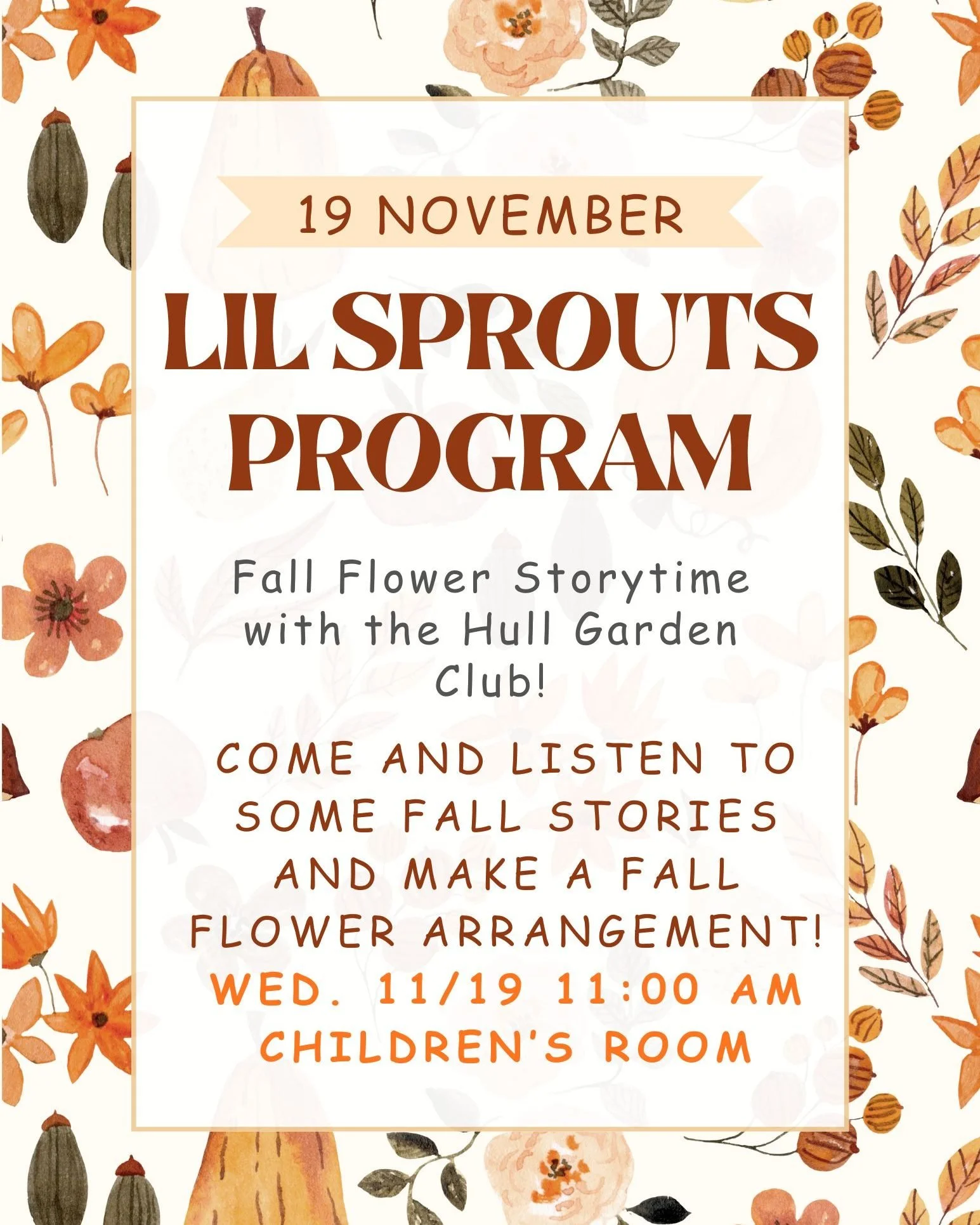 Head to the @hull_public_library to listen to some fall stories and then create a flower arrangement of your own with beautiful fall flowers from the Hull Garden Club! The stories will be best for ages up to 6, but all are welcome! The group will mee