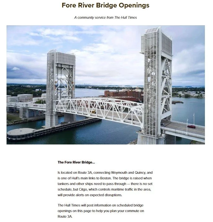 Attention anyone traveling on Route 3A: The Fore River Bridge is scheduled to open and disrupt traffic on Friday and Saturday mornings this week. Because we don&rsquo;t want these social media posts to become obsolete if there&rsquo;s a last-minute c