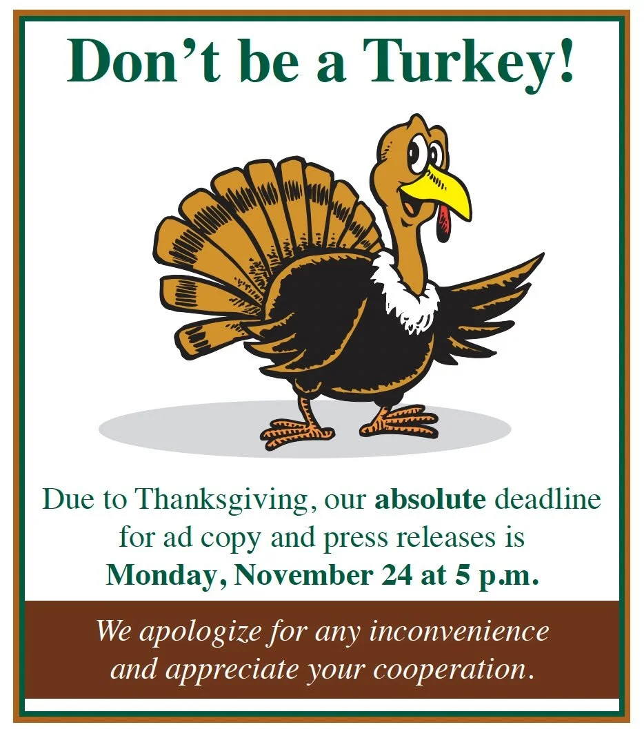 Because of the Thanksgiving holiday, our deadline for the week of November 27 is Monday, November 24 at 5 p.m. The Times will still arrive in your mailbox and local stores on Friday morning. Thanks for your understanding!

 #hullma #hullmanews #MALoc