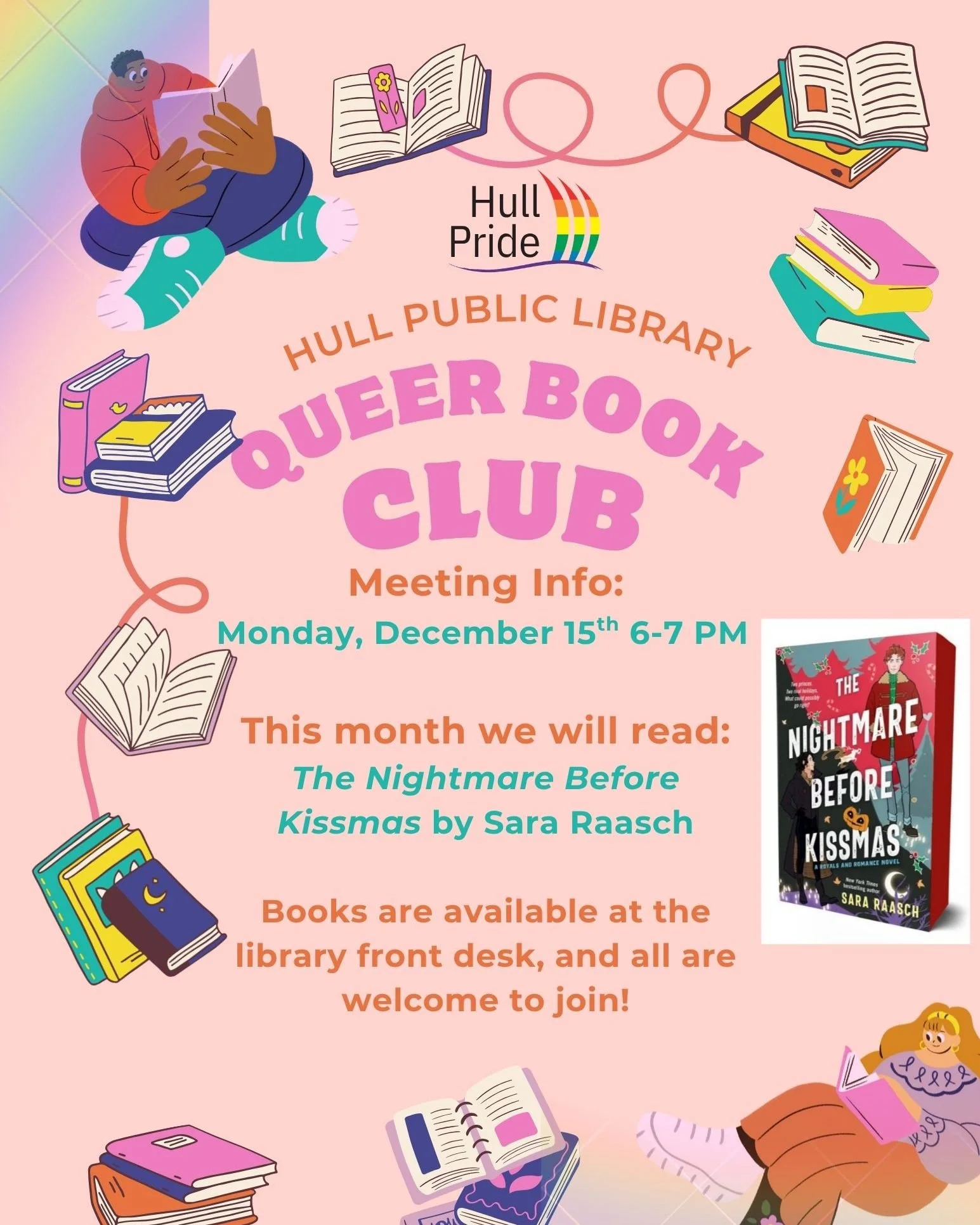 This month's Queer Book Club selection is &quot;The Nightmare Before Kissmas&quot; by Sara Raasch. Books are available at the front desk, and all are welcome to join in the discussion at the @hull_public_library on Monday, December 15 at 6 p.m.

 #hu
