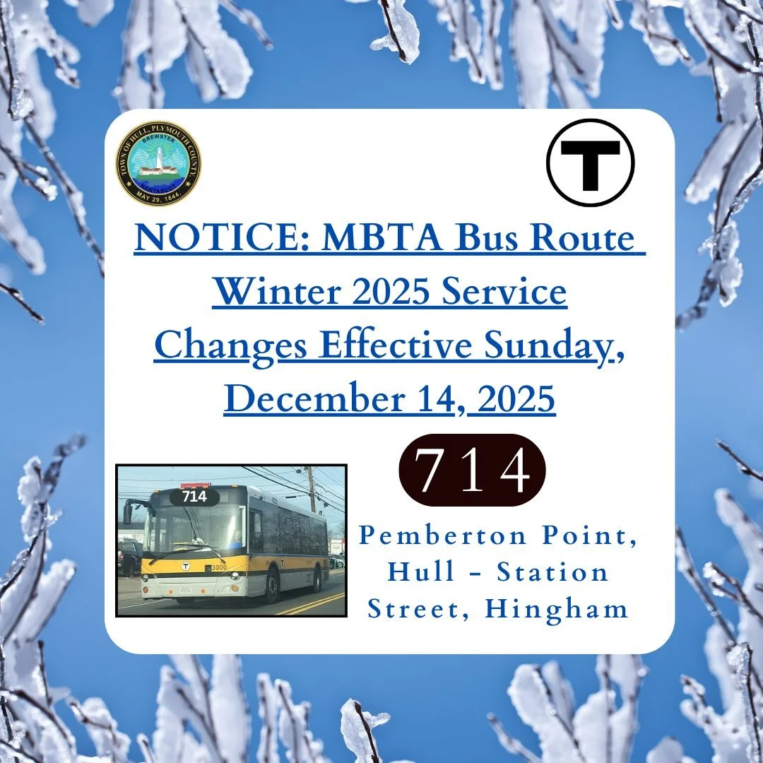 Winter weekend service changes to MBTA Bus  Route 714 (Pemberton to Hingham) take effect Sunday, December 14. With the suspension of weekend ferry service at Pemberton, the bus times will be adjusted to connect with the Route 220 bus at Station Stree