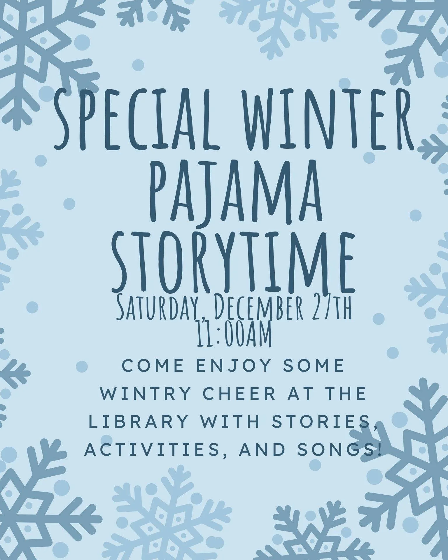 On Saturday, December 27 at 11 a.m., the @hull_public_library will be having a special pajama story time in the children's room. Read cozy books, do a craft, and sing some songs! Feel free to wear your pajamas to stay cozy over the winter break and b