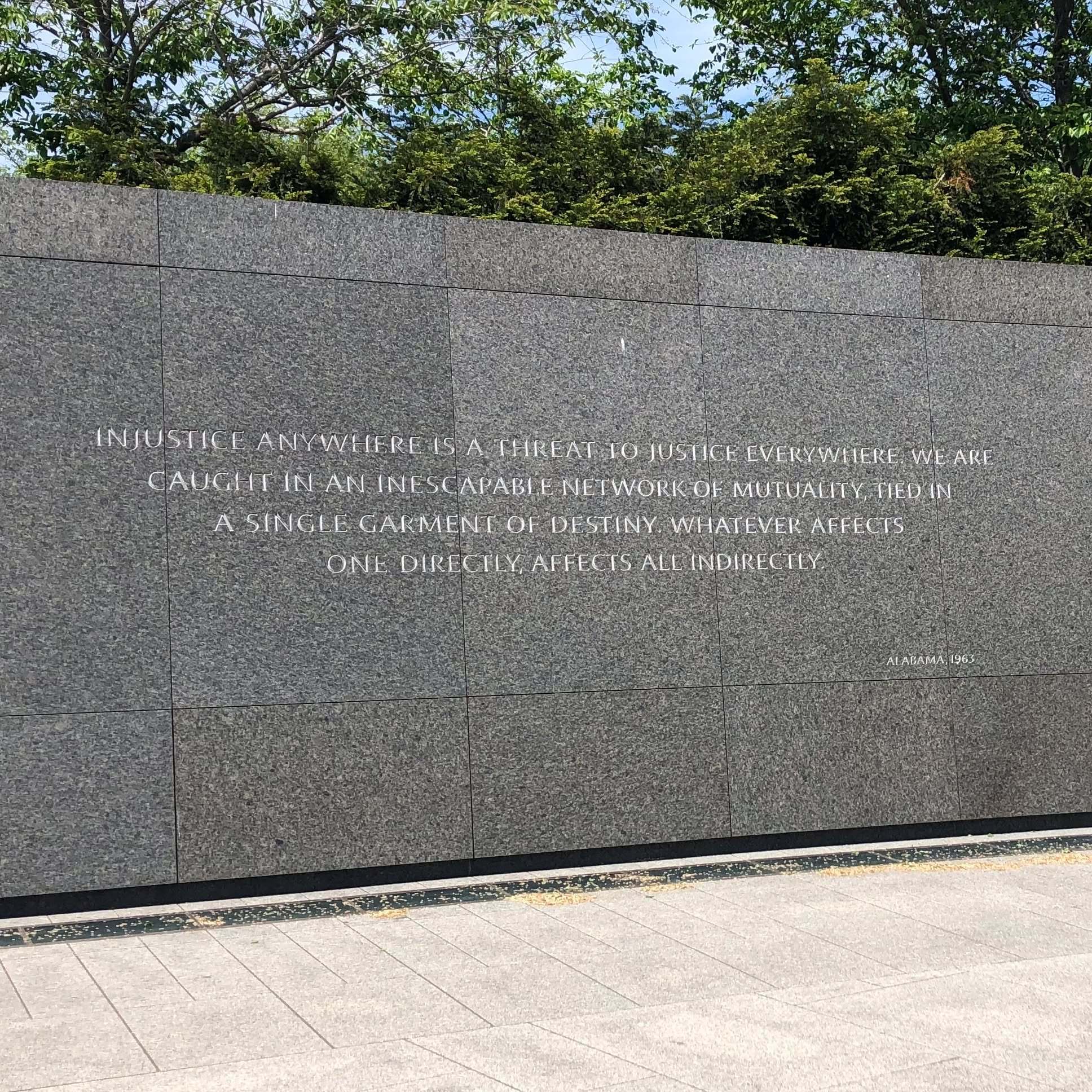 Celebrating the legacy of Dr. Martin Luther King, Jr. with this image from his memorial in Washington, D.C., featuring his words from a speech in Alabama in 1963: &rdquo;Injustice anywhere is a threat to justice everywhere. We are caught in an inesca